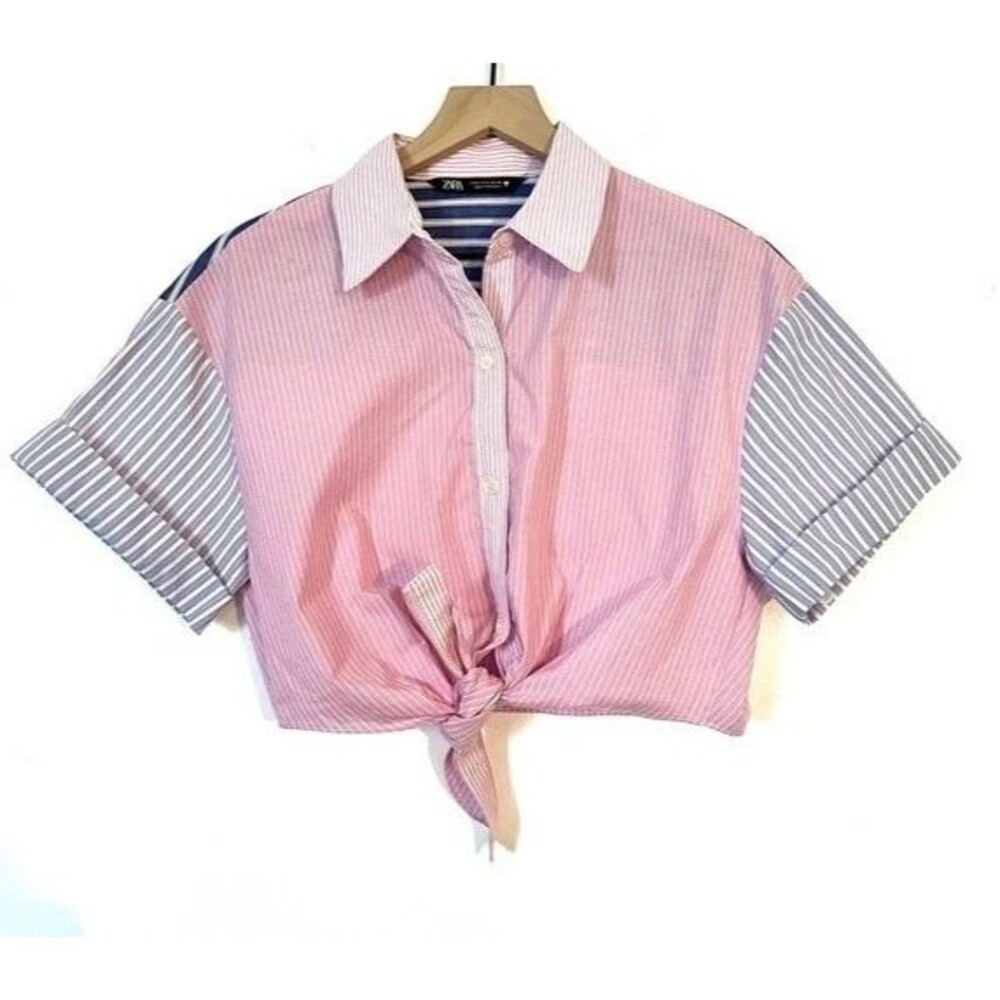 Zara Stripe Crop Tie Front Top Button Down Shirt Size XS Colorblock Patchwork